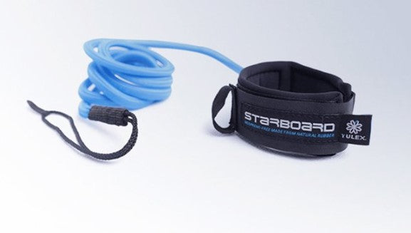 Starboard Yulex Light Leash in blue with black cuff.
