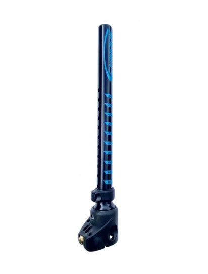A vertical mounting pole with a black base and blue markings, shown against a plain white background.  Chinook mast extension aluminum.  US cup.  Euro pin.