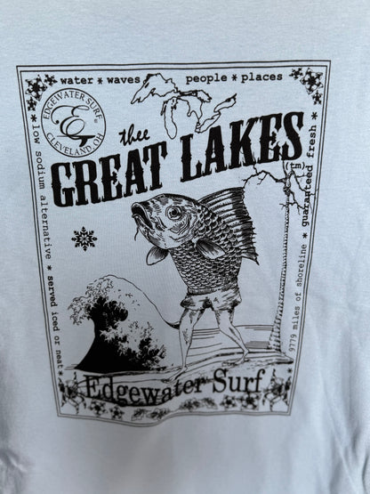 light blue shirt with great lake fish