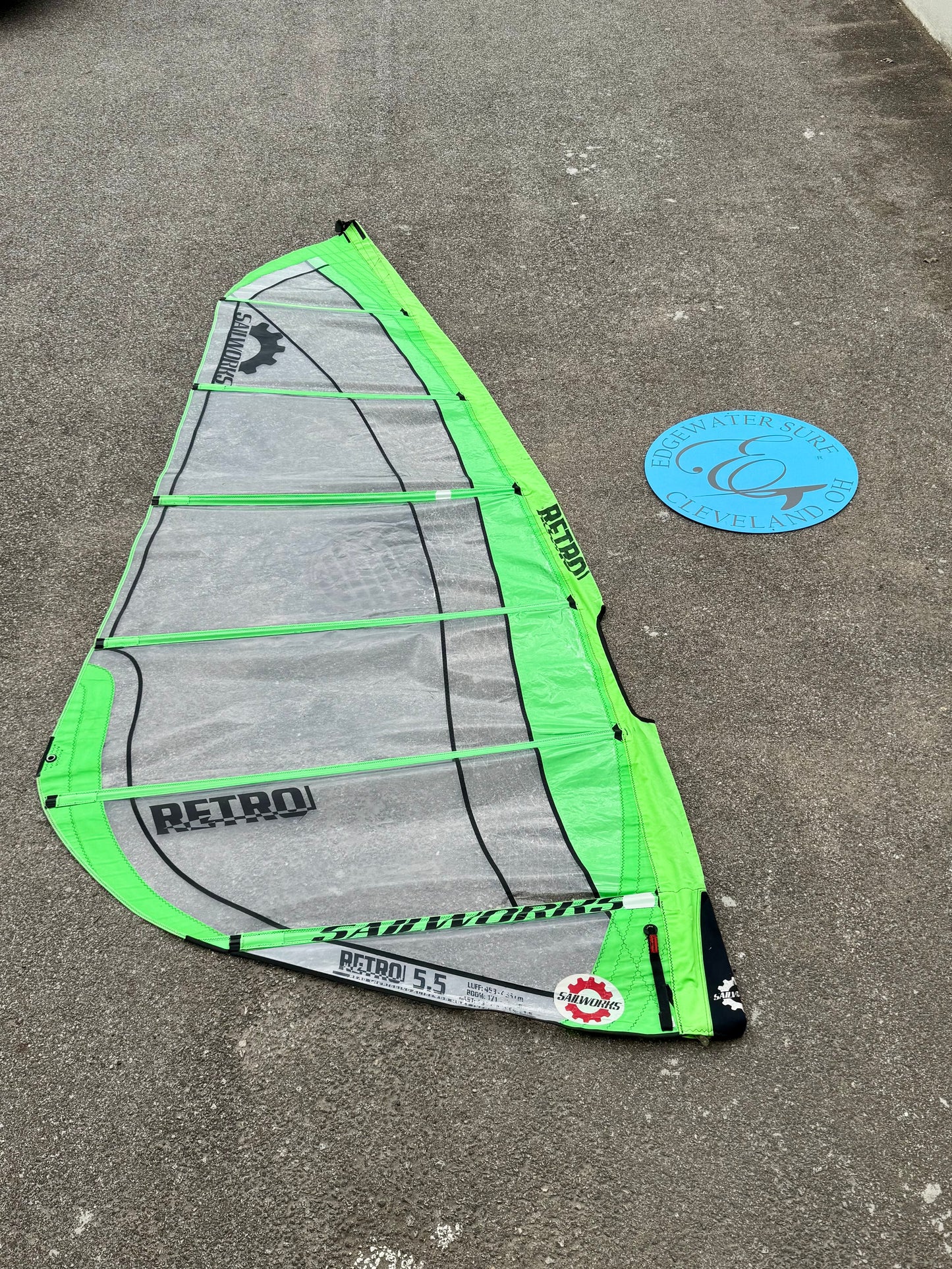 Sailworks Retro 5.5 windsurf sail front view used condition